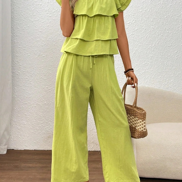 Solid Square Neck Top And Straight Pants Summer Casual Set - Picture 3 of 6